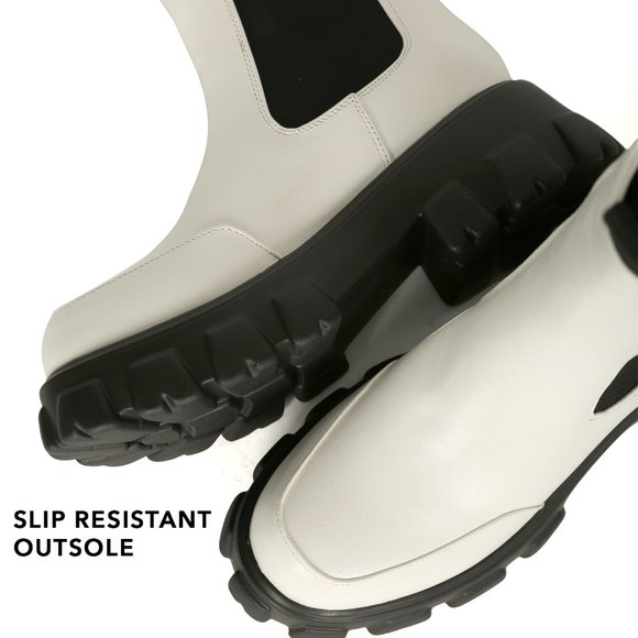 Women's Chunky Mid Calf Elastic Collar Round Toe Lugged Sole Boot- White - Picture 6 of 7